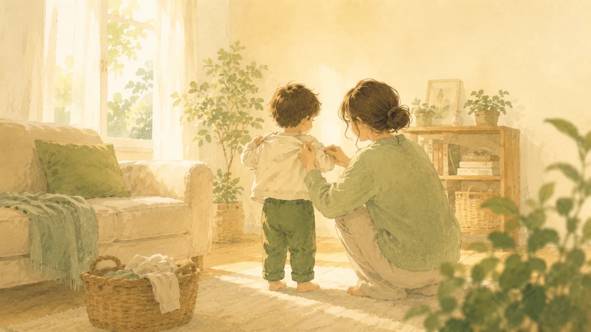 朝の光が差すリビングで、着替えの途中の子どもをしゃがんで手伝う親の後ろ姿の水彩風イラスト