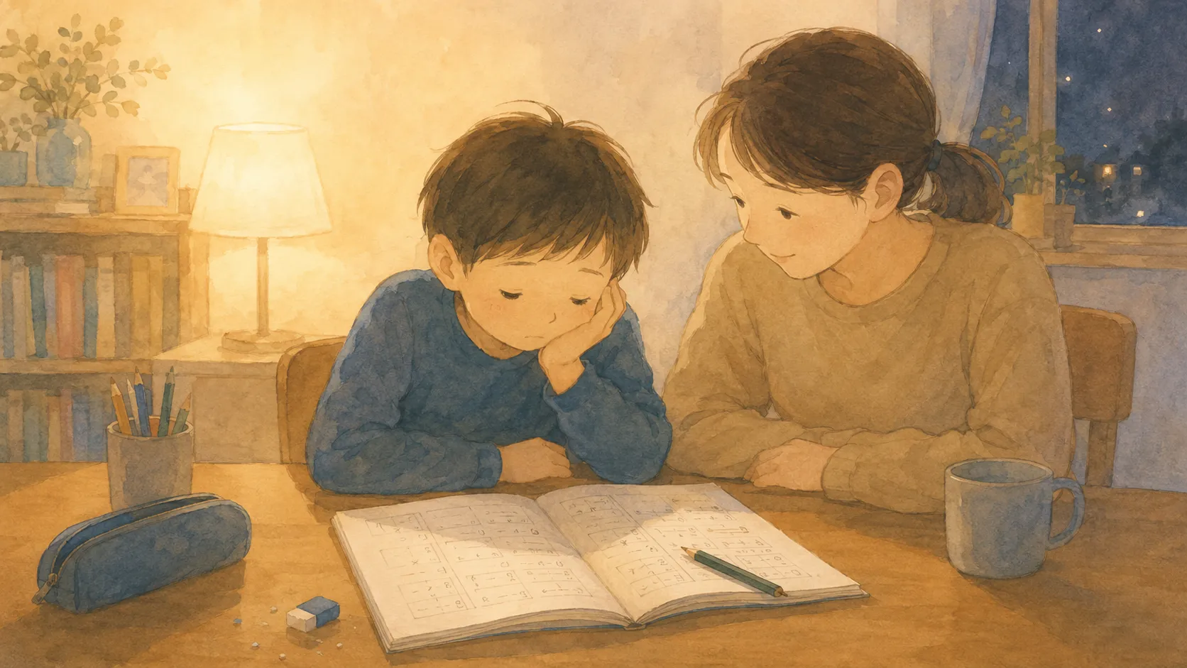 夜のダイニングテーブルで、開いたままのドリルを前に小学生が頬杖をつき、隣に親が寄り添って座っているイラスト